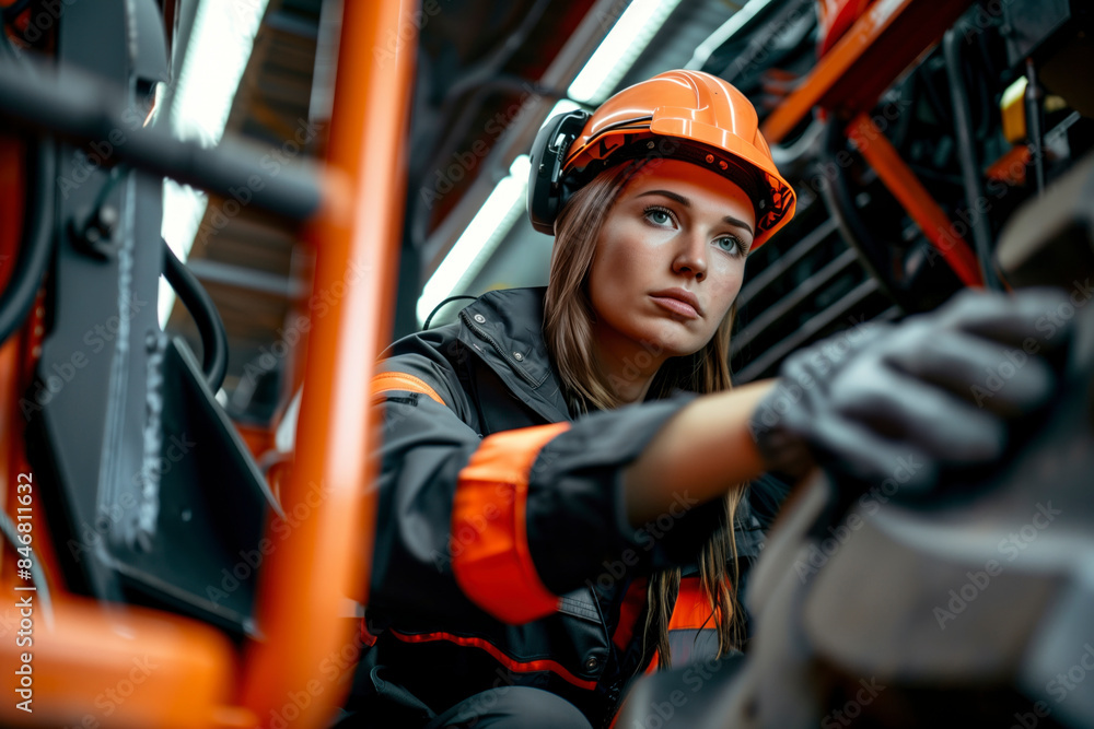 Warehouse worker in a reflective safety vest and hard hat is inspecting shelves in an industrial setting Warehouse worker in a reflective safety vest and hard hat is inspecting shelves in an industrial setting