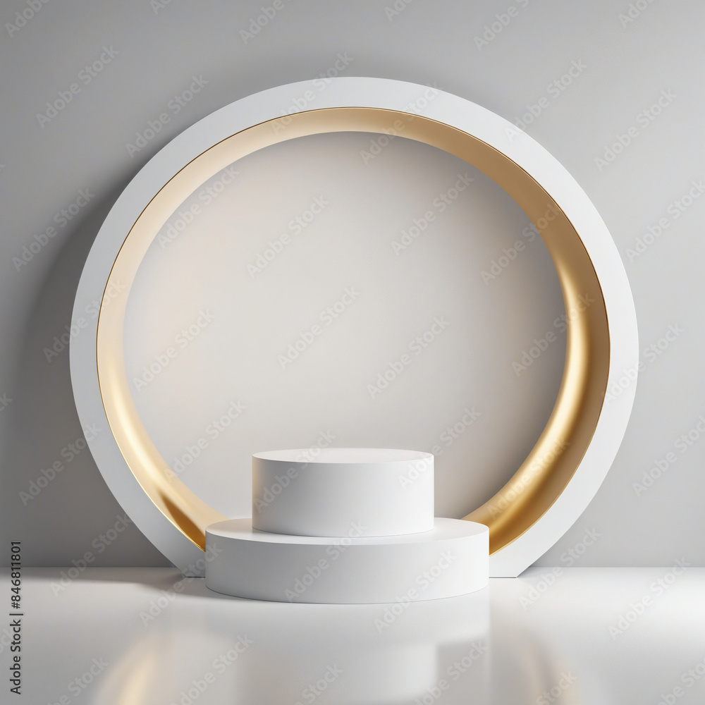 Futuristic 3D geometric showcase with minimalist white background, elegant golden arch, and water reflection - a modern stage for product presentation and advertising Futuristic 3D geometric showcase with minimalist white background, elegant golden arch, and water reflection - a modern stage for product presentation and advertising