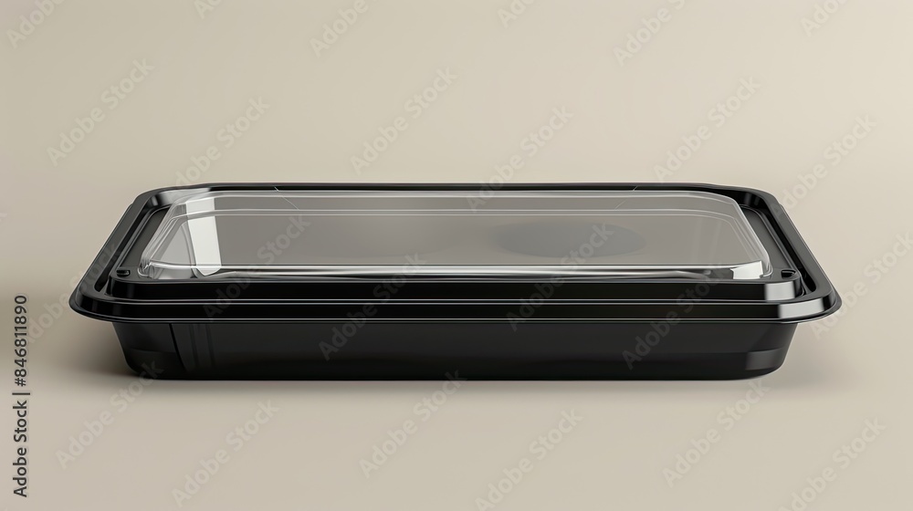 A mockup of black a plastic food packaging tray with a clear plastic cover. Packaging template mockup A mockup of black a plastic food packaging tray with a clear plastic cover. Packaging template mockup