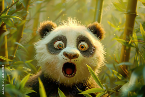 A cute panda with enormous eyes  looking hilariously shocked and surprised