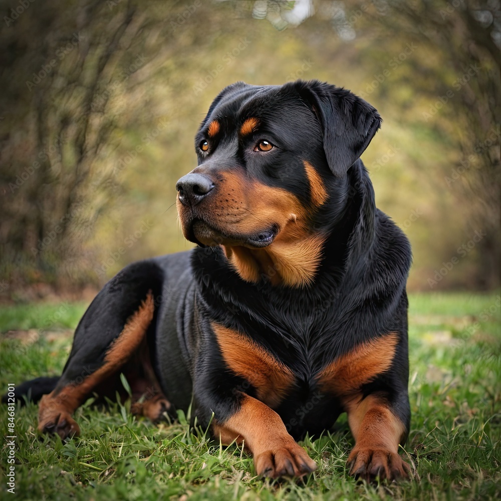A beautiful Rotweiler lying in the middle of the forest A beautiful Rotweiler lying in the middle of the forest