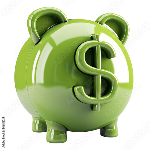 Glossy green piggy bank with dollar symbol, representing savings and financial management, isolated on white background. 3D image isolated on transparent or white background, PNG file. photo