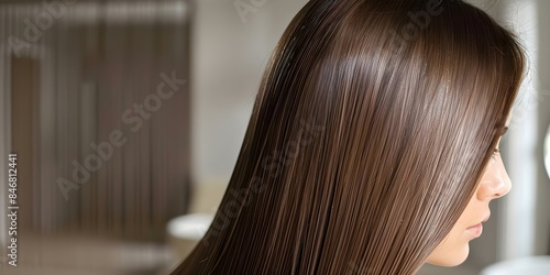 Beautiful model with long shiny brown hair after keratin treatment at a spa. Concept Haircare, Beauty, Spa treatment, Model photoshoot, Keratin treatment