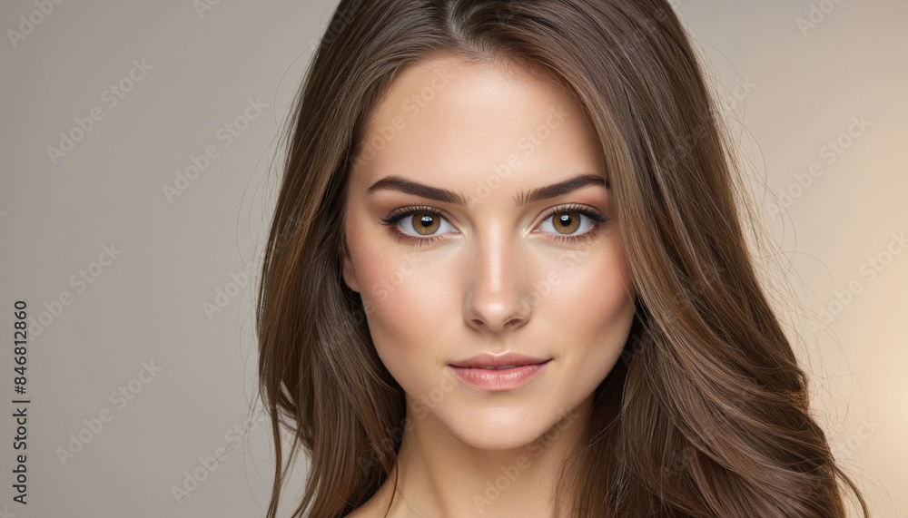 A portrait of a confident and beautiful adult woman with brown hair standing in nature and looking at the camera, radiating elegance and glamour A portrait of a confident and beautiful adult woman with brown hair standing in nature and looking at the camera, radiating elegance and glamour