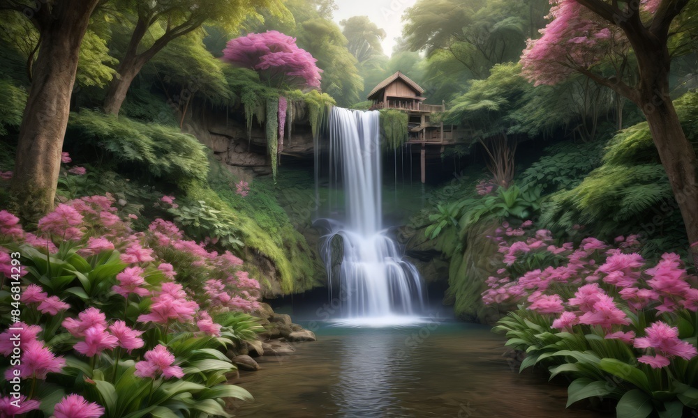 Naklejka premium A serene waterfall surrounded by lush greenery and purple flowers.
