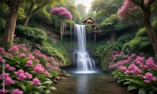 A serene waterfall surrounded by lush greenery and purple flowers.
