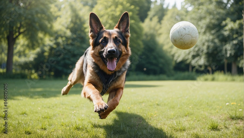 german shepherd, playing with ball.