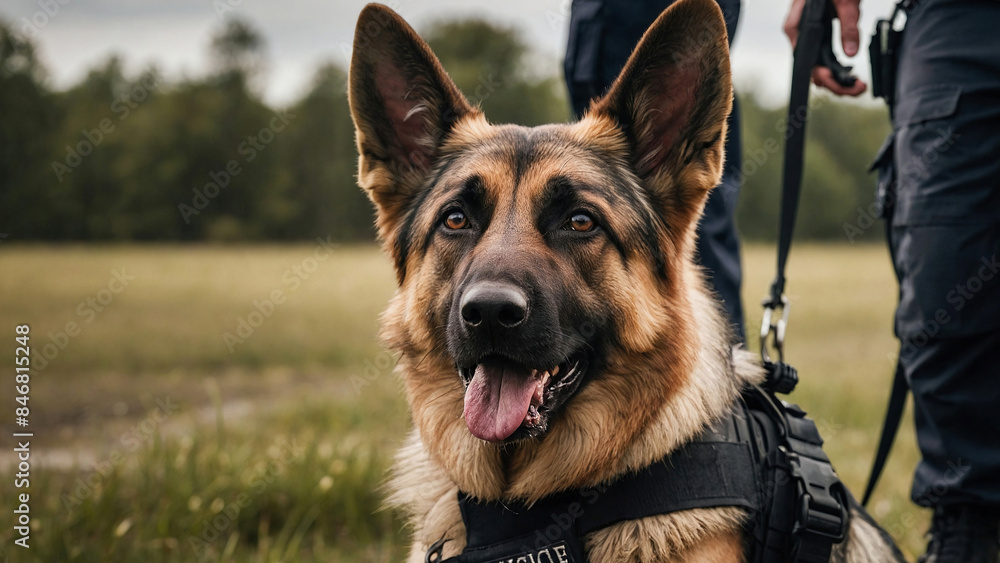 Police service dog with an officer during training. Police service dog with an officer during training.