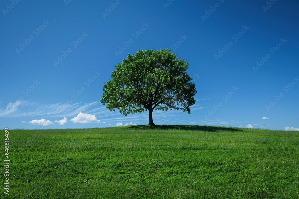 Obraz premium A tree is standing in a grassy field with a clear blue sky above it