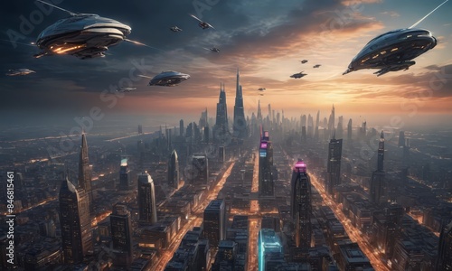 Futuristic Cityscape with Spacecraft photo