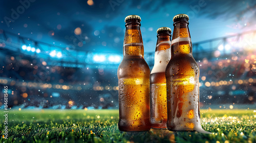 Cold beer bottles with bright night stadium scene in background. Sport, game and fresh drink. Championship football cup photo