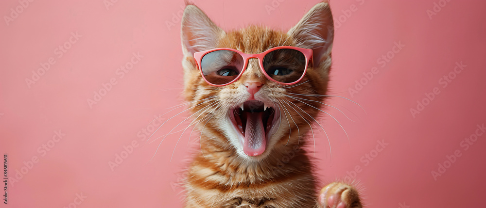 A ginger cat wearing sunglasses is sitting in front of a pink background with its mouth wide open and its paw raised in the air A ginger cat wearing sunglasses is sitting in front of a pink background with its mouth wide open and its paw raised in the air