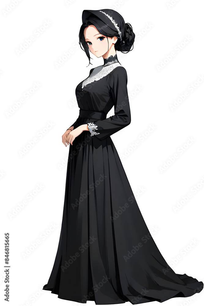 A girl in a very beautiful ornate dress, black silhouette of a beautiful woman, transparent background, sophisticated, highly detailed, modest dress
