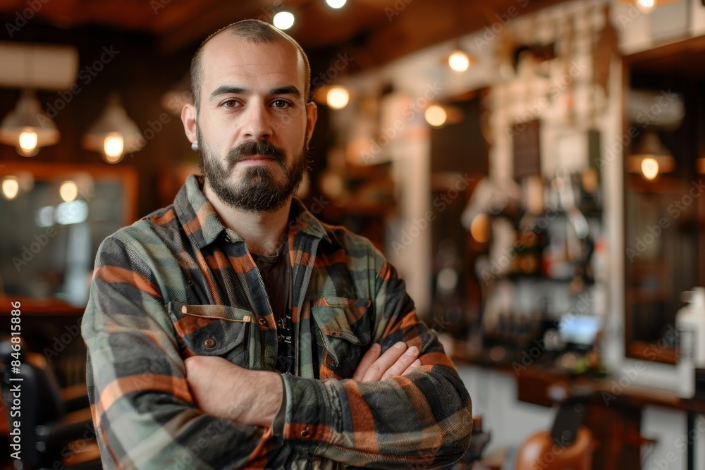 A man in a plaid shirt is standing in a bar with his arms crossed. A man in a plaid shirt is standing in a bar with his arms crossed.