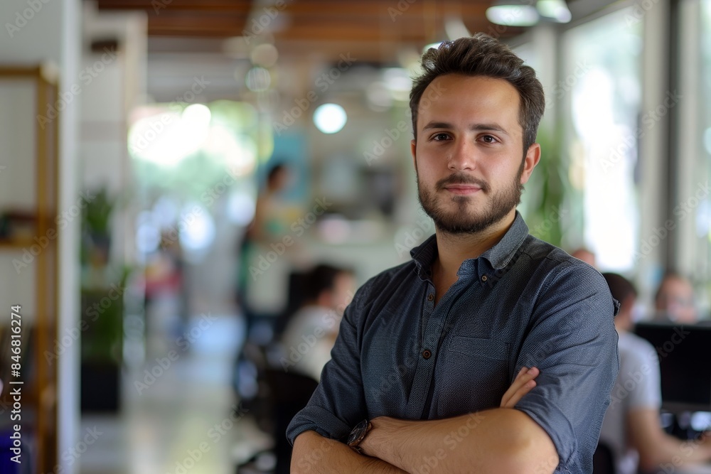 A young professional man standing in an office environment with his arms crossed. A young professional man standing in an office environment with his arms crossed.