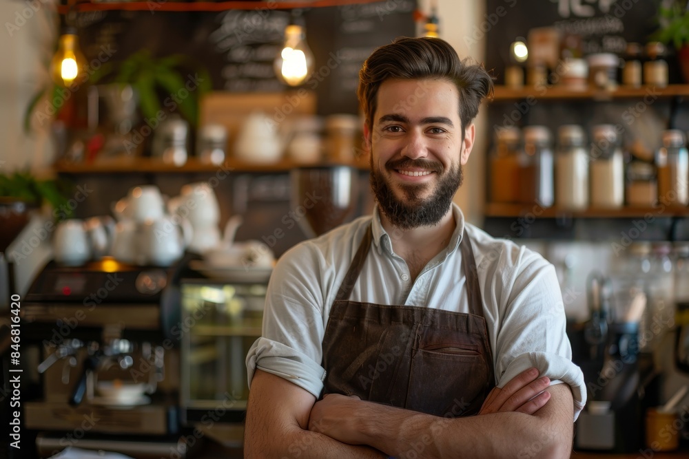 Barista standing with arms crossed in a coffee shop. Barista standing with arms crossed in a coffee shop.