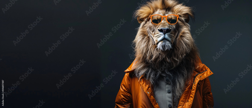 Naklejka premium Lion wearing orange sunglasses and a stylish jacket
