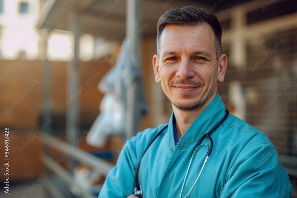 Smiling veterinarian in scrubs standing in the barn. Smiling veterinarian in scrubs standing in the barn.