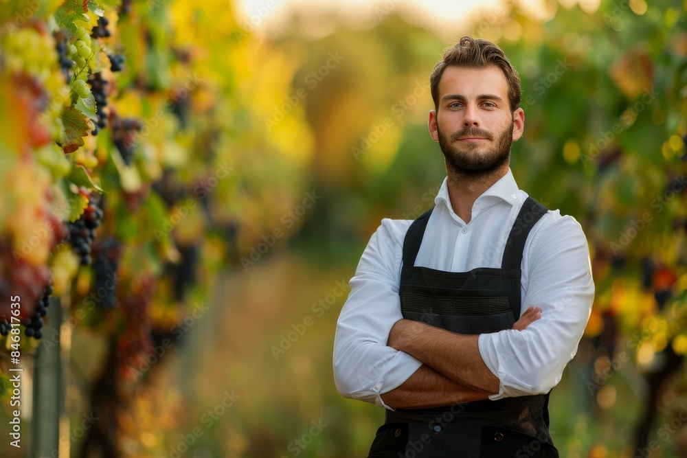 Young male farmer standing in a lush green vineyard, wearing a casual shirt and apron, looking at the camera with a confident smile. Young male farmer standing in a lush green vineyard, wearing a casual shirt and apron, looking at the camera with a confident smile.