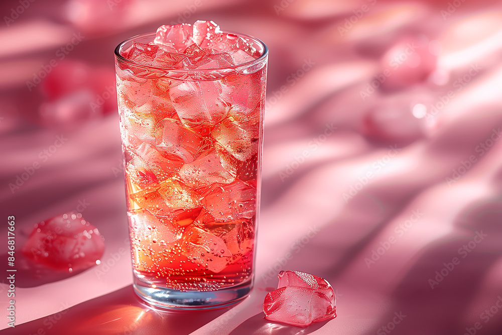 Summer refreshing pink drink with ice. Light pink cocktail of roses on a pink background with bright shadows