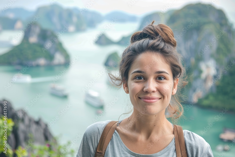 Young woman with toothy smile standing on mountaintop overlooking beautiful seascape with many islands and boats. Young woman with toothy smile standing on mountaintop overlooking beautiful seascape with many islands and boats.