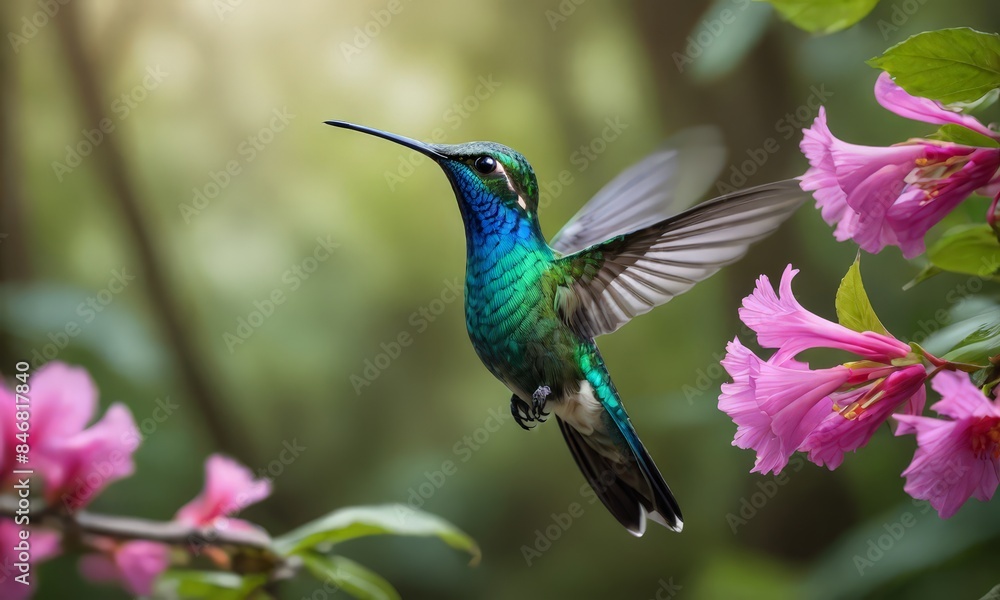 Fototapeta premium A Blue and Green Hummingbird Flying Over Pink Flowers