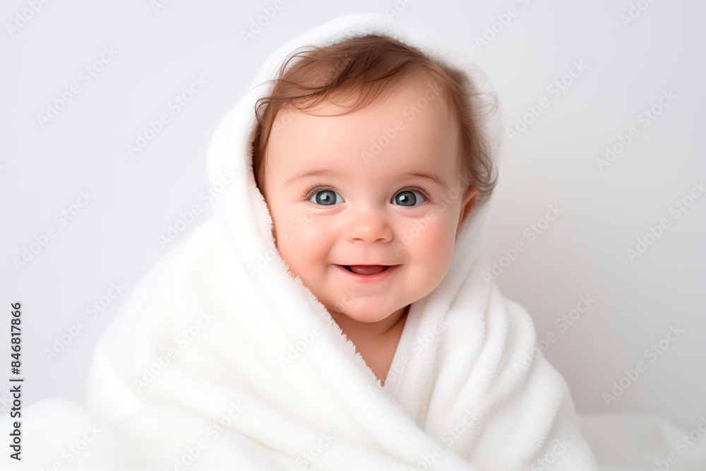 happy smiling baby in light white plain blanket, studio background happy smiling baby in light white plain blanket, studio background