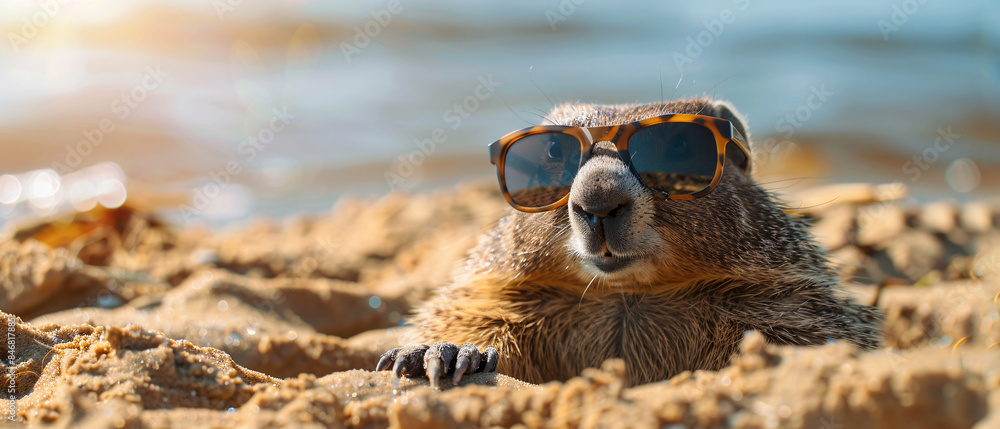Cool marmot wearing sunglasses relaxing on the beach Cool marmot wearing sunglasses relaxing on the beach