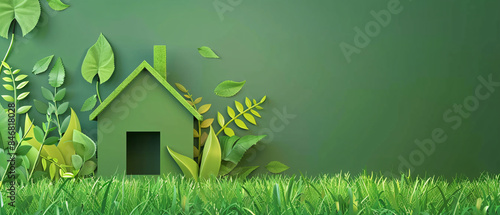 Green leaves and grass forming a houseshaped symbol of ecofriendly living photo