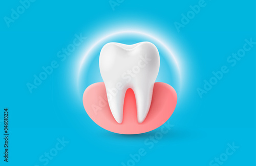 Tooth with gum, 3D illustration of a tooth on a light background. Vector illustration