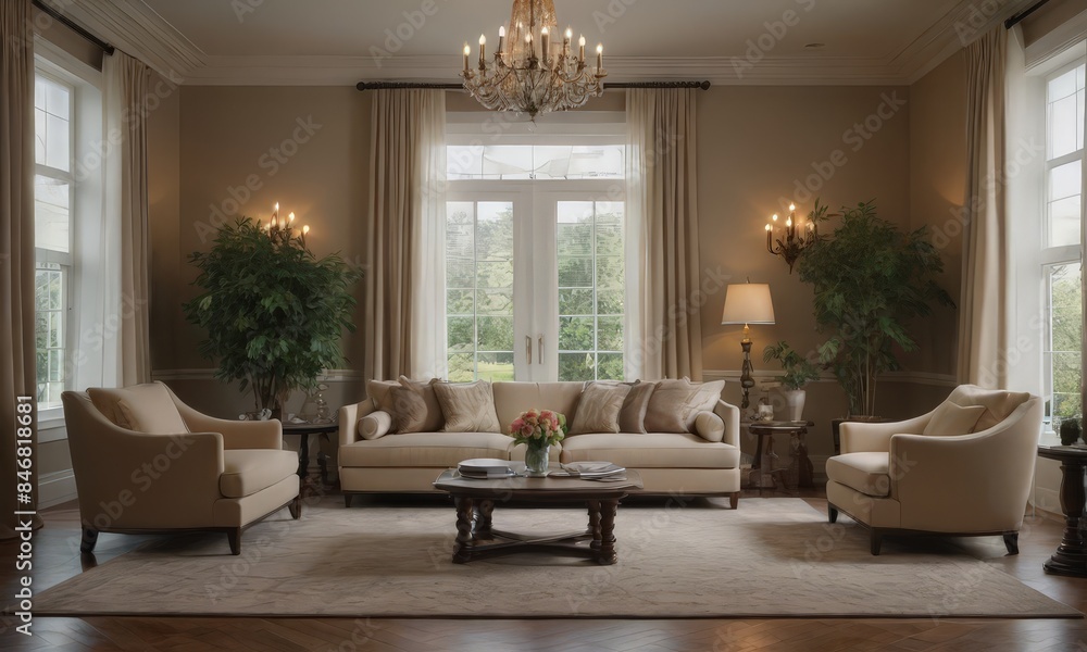 Fototapeta premium A Beautiful Living Room with White Couches and Chandelier