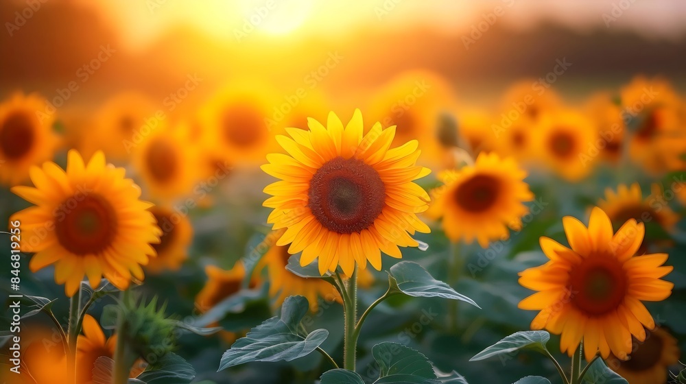 Fototapeta premium A field of sunflowers with a single sunflower in the foreground