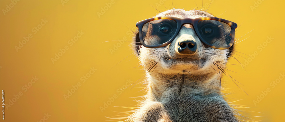 Closeup portrait of a meerkat wearing sunglasses against a yellow background Closeup portrait of a meerkat wearing sunglasses against a yellow background