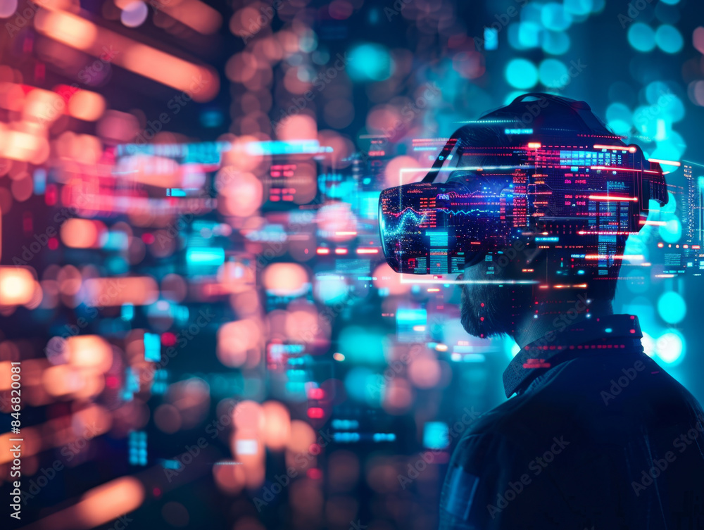 Obraz premium A man wearing a virtual reality headset surrounded by a colorful, futuristic digital interface, representing immersive technology and innovation. Man Experiencing Virtual Reality in Futuristic Settin 