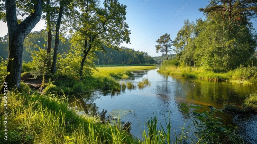 Scenic summer landscape with river woods and clear sky Scenic summer landscape with river woods and clear sky