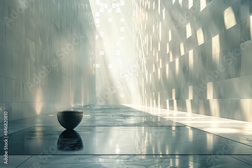 A bowl sits on the floor of an empty building, with light shining in from above. photo