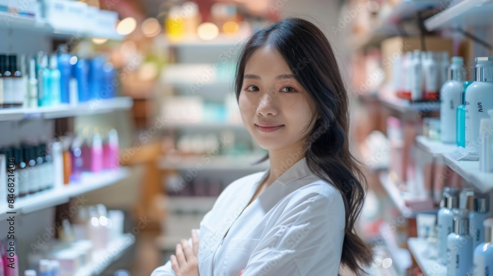 Asian woman in white shirt smiles at camera in beauty store. Arms crossed, relaxed. Shelves filled with beauty products behind her.