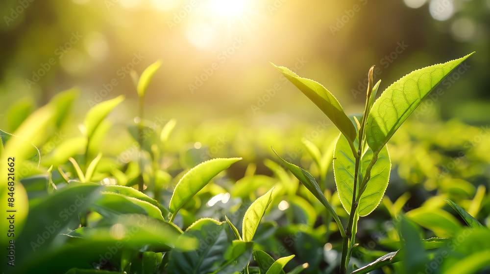 Obraz premium Fresh tea leaves at tea plantation, Green tea leaves