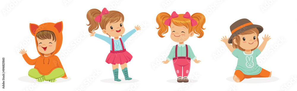 Little Kids Wearing Different Fashion Clothes Fitting New Stylish Look Vector Set Little Kids Wearing Different Fashion Clothes Fitting New Stylish Look Vector Set