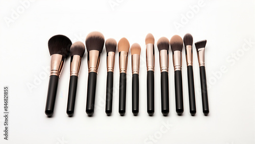 A diverse set of professional makeup brushes arranged in a row, featuring various sizes and shapes for different makeup applications.