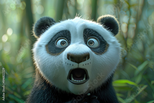 Shocked panda with wide eyes  looking cutely surprised amidst a forest backdrop