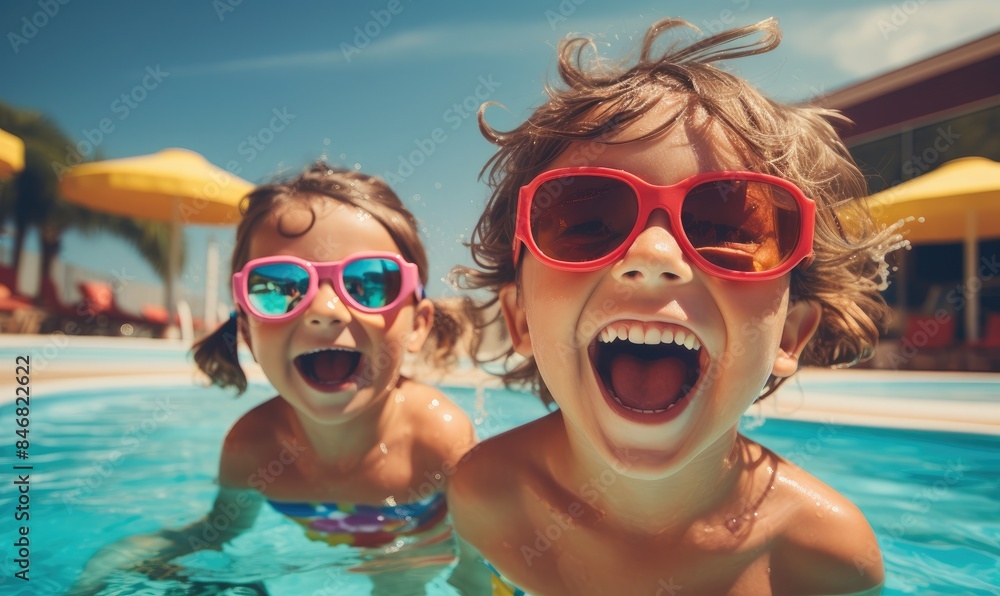 Happy smiling kids in sunglasses are laughing and having fun in the swimming pool. Summer vacation Happy smiling kids in sunglasses are laughing and having fun in the swimming pool. Summer vacation
