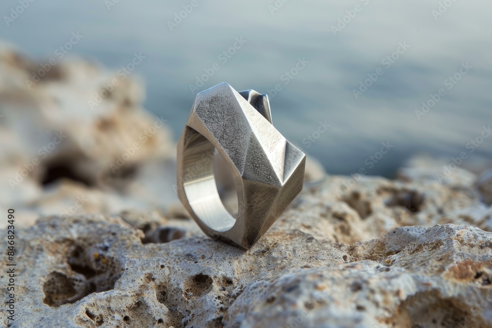 Elegant silver ring placed on a rough limestone surface with a serene water backdrop Elegant silver ring placed on a rough limestone surface with a serene water backdrop
