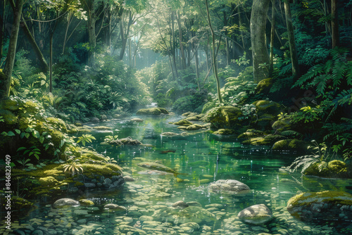 Clear stream flowing through a dense  emerald green forest
