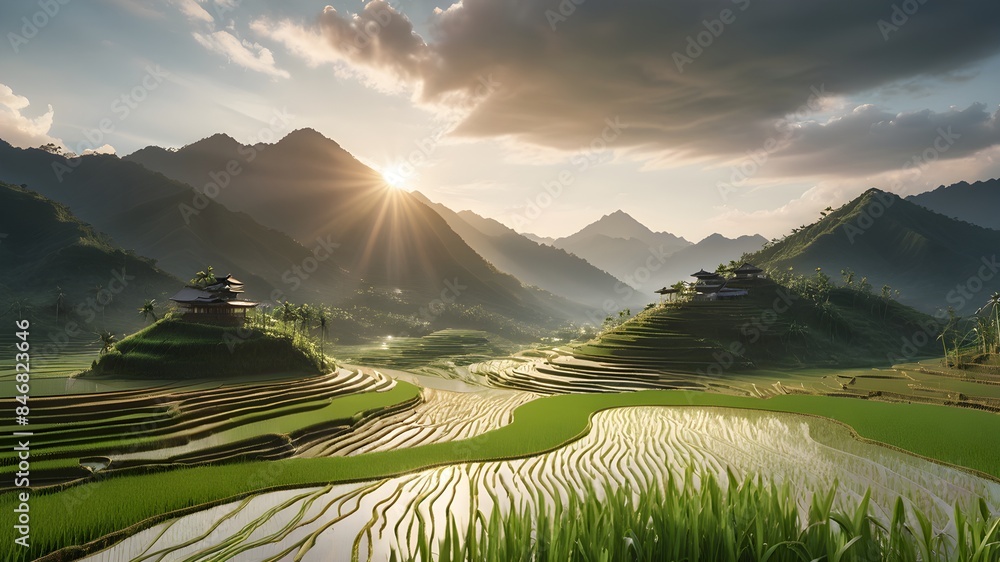 Fototapeta premium Generative AI. Admiring the intricate beauty of rice terraces carved into the mountains