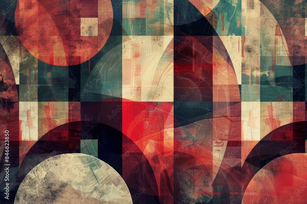 Abstract composition of textured circles and geometric shapes in a ...