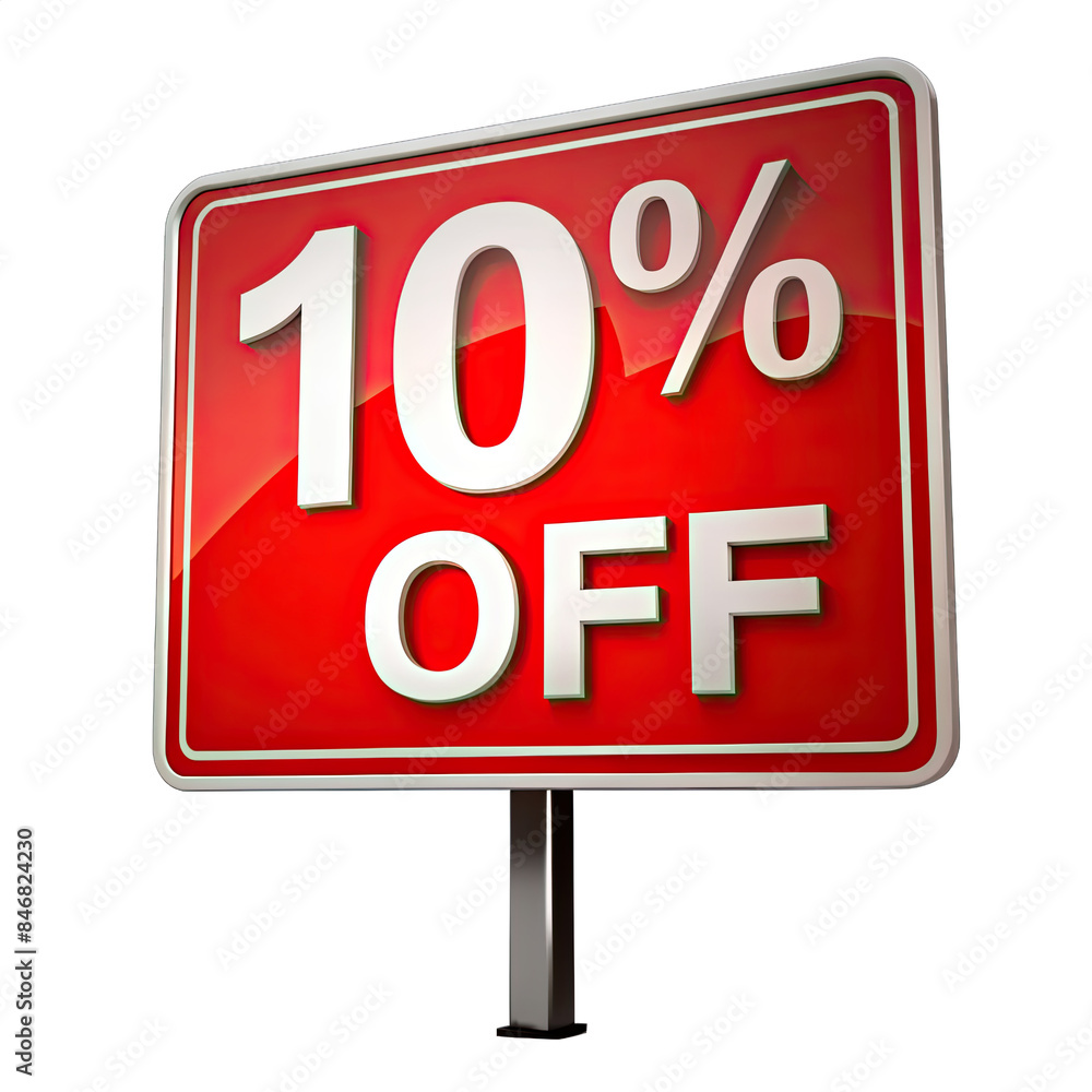 A red square sign with white text reading 10 percent OFF is isolated on a white background. The sign is mounted on a black metal pole. Generative AI A red square sign with white text reading 10 percent OFF is isolated on a white background. The sign is mounted on a black metal pole. Generative AI