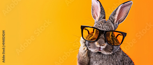 Closeup portrait of a curious rabbit wearing sunglasses against a bright orange background