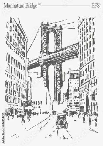 Manhattan Bridge in the New York city. Hand drawn vector illustration, sketch.