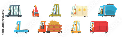 Man Driver Driving Car, Scooter and Truck as City Transport Vector Set